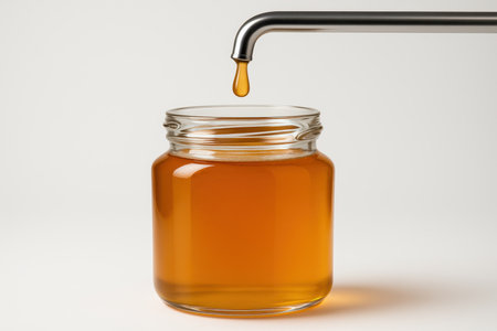 Golden honey dripping from a sleek metal tap into a transparent glass jar, showcasing its rich color and viscous texture. a single drop is suspended mid air above the full jar.の素材