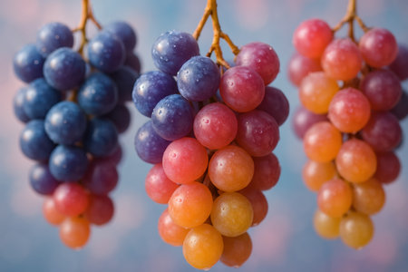 Clusters of fresh, multi colored grapes with an ombre effect, displaying vibrant blue, purple, pink, and orange hues. small water droplets are visible on the fruit, highlighting their freshness and appealing texture.の素材