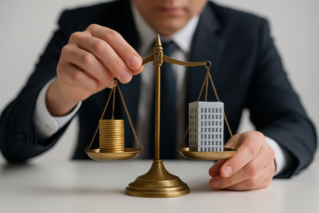 Professional businessman hands adjusting a balance scale with gold coins and a building model, symbolizing real estate investment, financial decisions, and asset valuation.の素材
