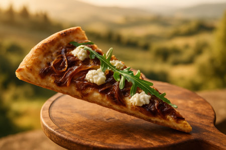 Gourmet pizza slice with caramelized onions, creamy goat cheese, and fresh arugula on a rustic wooden board, set against a scenic natural landscape.の素材