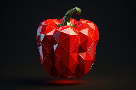 Vibrant red bell pepper featuring a modern geometric faceted design, showcasing sharp angles and a glossy finish. isolated on a dark, minimalist background, ideal for food, technology, or abstract concepts.の素材