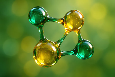 Translucent molecular structure with glossy green and yellow spheres connected by bonds, symbolizing science, chemistry, and organic compounds on a soft green background.の素材