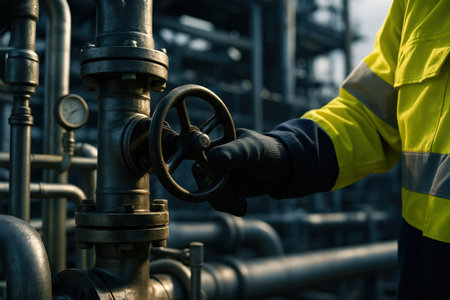 Gloved hand of an engineer adjusting a large valve on a network of industrial pipes in a gas processing plant, symbolizing energy, industry, and control.の素材