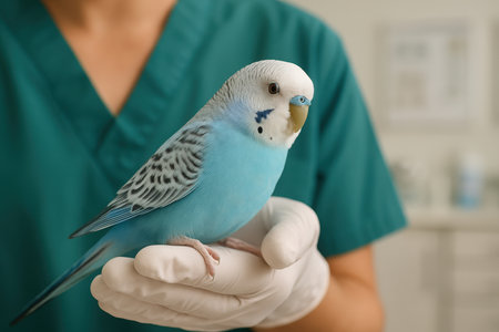 Light blue budgie perched calmly on a veterinarian gloved hand, wearing green scrubs, during a routine checkup at an animal clinic. focus on pet care, health, and veterinary medicine.の素材