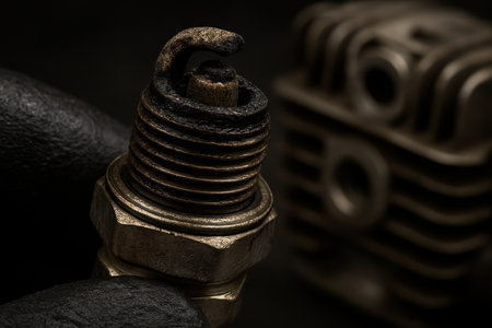 Heavily carbon fouled and worn spark plug, a close up view indicating engine malfunction and the need for automotive maintenance and repair.の素材
