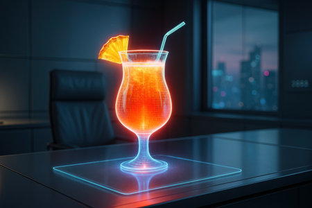 Glowing tropical cocktail with a pineapple slice and straw, appearing as a holographic projection on a sleek desk in a modern office with a city skyline.の素材