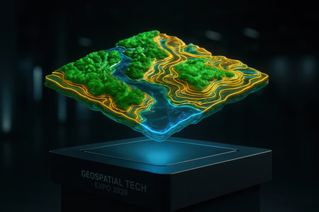 Holographic 3D topographical map displaying green landmasses, blue water, and glowing yellow and blue contour lines, floating above a dark pedestal. represents geospatial technology, data visualization, and future innovation.の素材