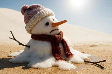 Melting snowman with a sad expression, wearing a pink hat and red scarf, sitting on a warm sandy beach under bright sun, depicting global warming and environmental issues.の素材