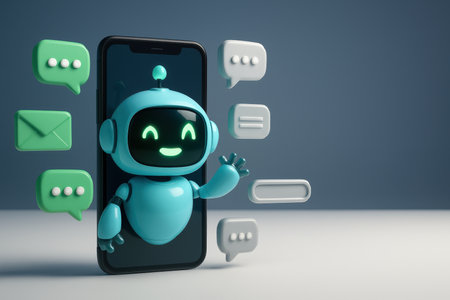 Enthusiastic light blue chatbot robot with a green glowing winking face emerging from a smartphone screen, surrounded by various communication icons. represents AI, customer service, and digital interaction.の素材
