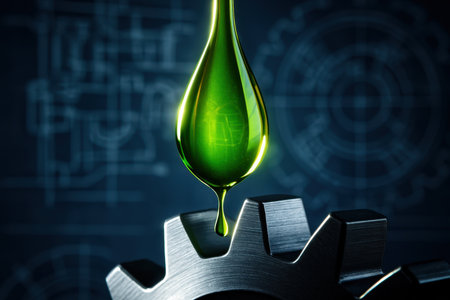 Vibrant green lubricant droplet precisely dripping onto a metallic gear, set against a blurred technical blueprint background, symbolizing industrial efficiency and advanced engineering.の素材