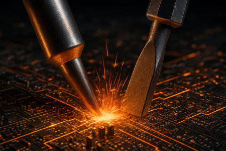 Soldering iron and chisel like tool making contact with a glowing circuit board, generating bright sparks and illuminating data lines.の素材