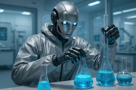 Advanced AI robot in a sleek silver suit working with laboratory glassware filled with glowing blue liquid in a high tech science lab, symbolizing future research and innovation.の素材