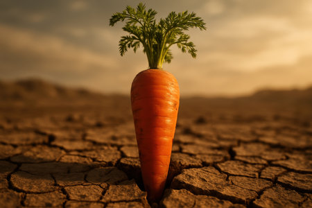 Vibrant orange carrot with green leaves emerging from severely cracked, dry earth. symbolizes resilience, growth in adversity, and the challenges of drought or climate change.の素材