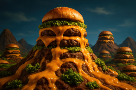 Towering burger mountains with melted cheese flowing like lava and green lettuce as foliage, creating a surreal and delicious food landscape under a blue sky.の素材