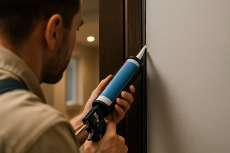 Man applying white sealant with a caulk gun to the gap between a wall and a door frame, performing home renovation.の素材