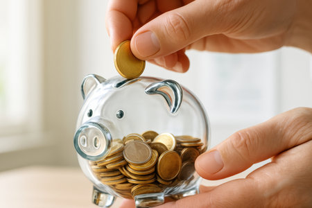 Hand gently drops a gold coin into a clear piggy bank, symbolizing personal finance, wealth accumulation, and long term financial goals.の素材