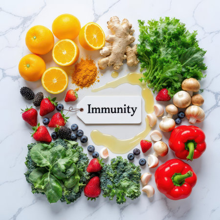 Assortment of fresh immunity boosting foods including oranges, strawberries, blueberries, ginger, garlic, kale, bell peppers, turmeric, and honey, arranged on a white marble background.の素材