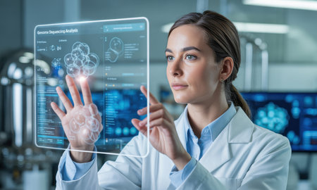 Woman scientist in a lab coat interacting with a futuristic transparent screen displaying genome sequencing analysis and biological data in a modern laboratory setting.の素材