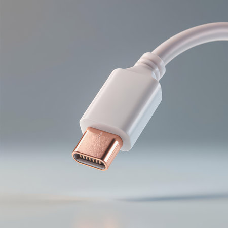 White USB c cable connector with a shiny rose gold plated tip, showcasing modern technology and high speed data transfer capabilities. essential for charging and connectivity.の素材