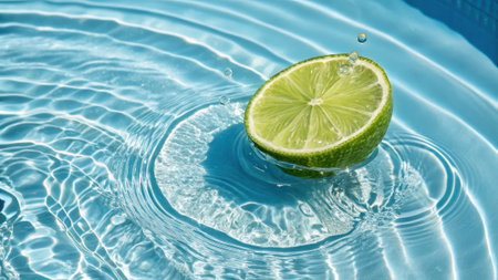 Green lime half floating on clear blue water with sunlight reflections and circular ripples. fresh citrus fruit creating splashes and drops, symbolizing refreshment, health, and summer.の素材