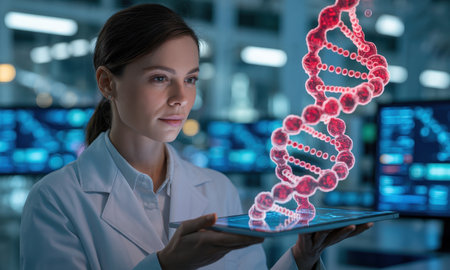 Female scientist in a white lab coat holding a digital tablet with a glowing red DNA helix hologram in a modern research laboratory. represents genetic engineering, biotechnology, and scientific innovation.の素材