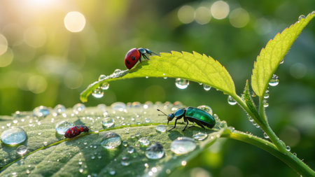 Ladybug and green beetle on vibrant green leaves covered in glistening water droplets, illuminated by soft morning sunlight, capturing a fresh natural ecosystem.の素材