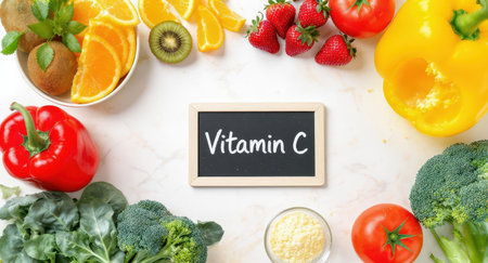 Fresh fruits and vegetables including oranges, kiwis, strawberries, bell peppers, broccoli, and tomatoes, arranged around a blackboard with vitamin c text. healthy eating concept.の素材
