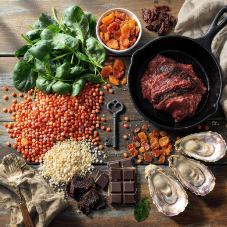Assortment of iron rich foods including fresh spinach, red lentils, raw beef, oysters, dried apricots, and dark chocolate, artfully arranged on a rustic wooden table, highlighting essential nutrients for a healthy diet.の素材