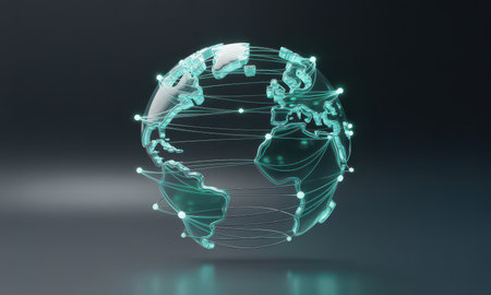 Stylized glowing teal globe with interconnected data points and lines, representing a dynamic global network, communication, and technological connectivity across continents.の素材