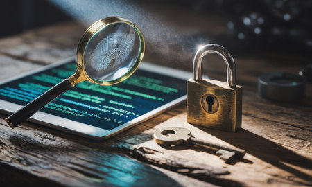 Magnifying glass with a fingerprint on its lens placed over a tablet displaying lines of code, alongside a shining brass padlock and an old key on a rustic wooden table, representing digital security, data protection, and cyber investigation.の素材