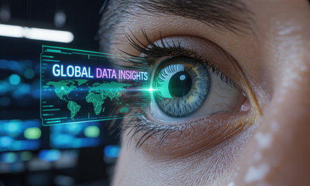 Detailed view of a woman eye with a futuristic holographic interface displaying global data insights and a world map, symbolizing big data, analytics, and global connectivity.の素材
