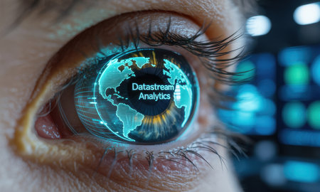 Human eye with a holographic projection of a world map and datastream analytics text, symbolizing global data processing and technological advancement.の素材