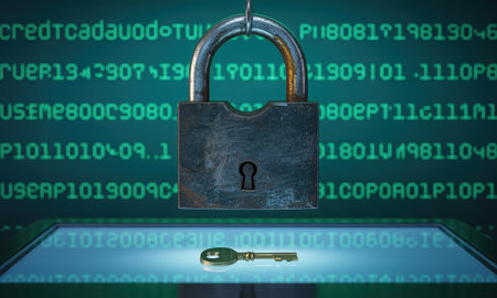 Rustic iron padlock and a golden key on a reflective surface, with a background of green digital code, symbolizing data protection, cyber security, and access control.の素材