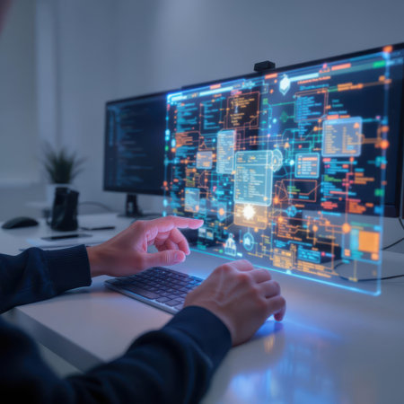 Software engineer hands interacting with a futuristic transparent holographic workstation displaying complex digital data, code, and network diagrams in a modern office environment.の素材