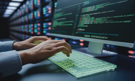 Programmer hands actively typing on a glowing, translucent keyboard. a computer monitor displays lines of code, set against a backdrop of illuminated server racks in a modern data center.の素材