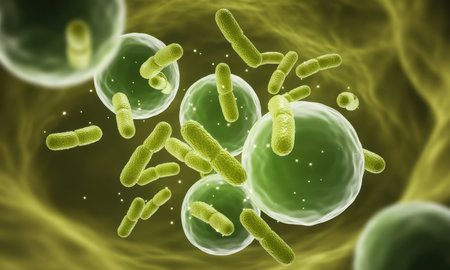 Green rod shaped bacteria and spherical cells floating in a microscopic environment, representing concepts of microbiology, infection, disease, and cellular biology.の素材