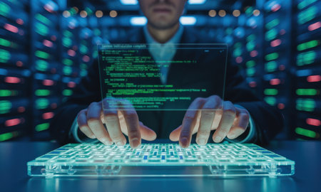 IT professional hands typing on a glowing translucent keyboard with a holographic digital interface displaying code, in a high tech server room environment. focus on data, technology, and cybersecurity.の素材