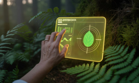 Researcher hand interacts with a glowing holographic screen displaying eco system data, charts, and a leaf icon in a green forest environment, symbolizing environmental monitoring and future technology.の素材