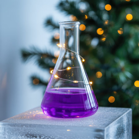 Chemistry flask filled with vibrant purple liquid, adorned with twinkling fairy lights, placed on a clear block. blurred christmas tree with warm bokeh lights in the background, creating a festive science concept.の素材