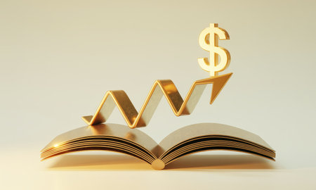 Golden open book with pages fanning out to create a rising financial graph, topped with a shiny dollar sign. symbolizes investment growth, financial education, and business success.の素材