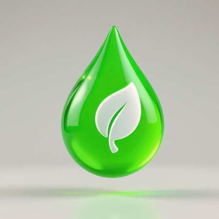 Vibrant green glossy drop featuring a white leaf icon, symbolizing natural essence, environmental care, and sustainable solutions for a healthy planet.の素材