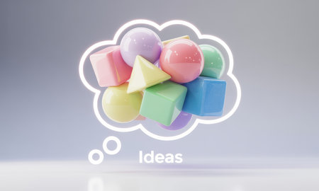 White thought bubble outline filled with a variety of pastel glossy geometric shapes like spheres, cubes, and pyramids, symbolizing creativity, innovation, and new ideas.の素材