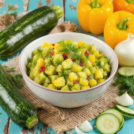 Chunky zucchini relish in a white bowl, garnished with fresh dill and red chili flakes. fresh raw zucchini, yellow bell peppers, and white onion are arranged on a rustic blue wooden table.の素材