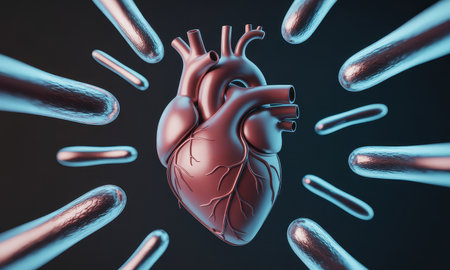 Human heart model with surrounding bacteria or viruses, symbolizing cardiovascular infection, disease, and health risks. medical and biological concept.の素材