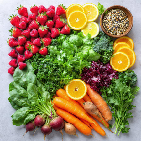 Assortment of vibrant fresh strawberries, raspberries, oranges, lemons, leafy greens, carrots, radishes, and grains, ideal for healthy eating and a balanced diet.の素材
