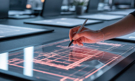 Female hand precisely drawing glowing red architectural blueprints on a large, transparent digital drafting table using a stylus. modern technology for innovative design and engineering.の素材