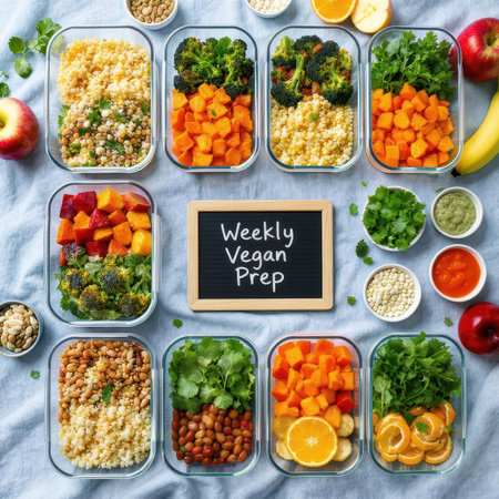 Assortment of healthy vegan meal prep containers filled with fresh vegetables, grains, and beans, alongside fruits and a weekly vegan prep sign, neatly arranged on a light blue tablecloth.の素材