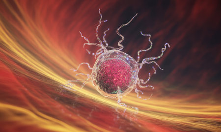 Complex microscopic cell with a vibrant red nucleus and branching translucent extensions, floating in a swirling biological environment. represents biology, disease, or cellular research.の素材