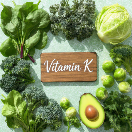 Assortment of fresh green vegetables including spinach, kale, broccoli, cabbage, brussels sprouts, and avocado, with a wooden sign indicating vitamin K, on a light green background. healthy eating and nutrition concept.の素材