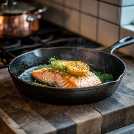 Freshly seared salmon fillet with charred lemon slices and fresh dill in a rustic cast iron skillet, steaming on a wooden cutting board in a kitchen setting.の素材